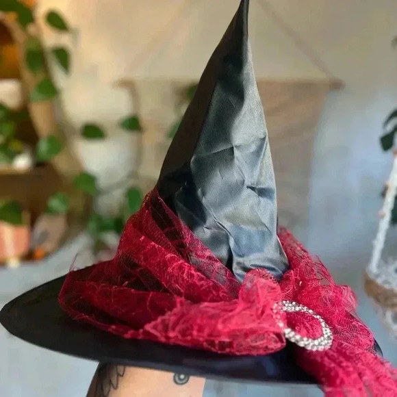 Witch Hat Red Lace Rhinestone Buckle | 10” Tall | Halloween Costume Accessory - Picture 2 of 6